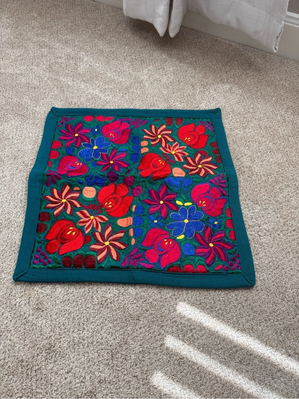 Hand-Embroidered Floral Accent Pillow Cover in Teal and Multi